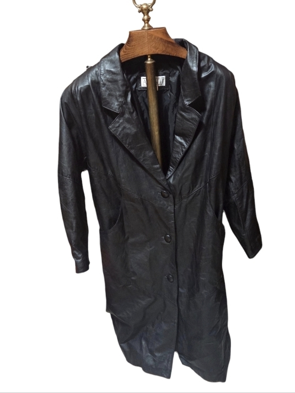 Vintage 80s Avanti Womens Long Leather Black Trench Coat Size Medium